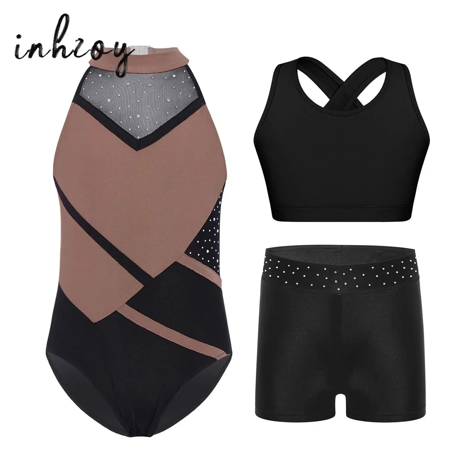 

3Pcs Kids Girls Gymnastics Leotard Glittery Rhinestones Strappy Back Color Block Leotard+Vest+Shorts Dance Performance Outfit