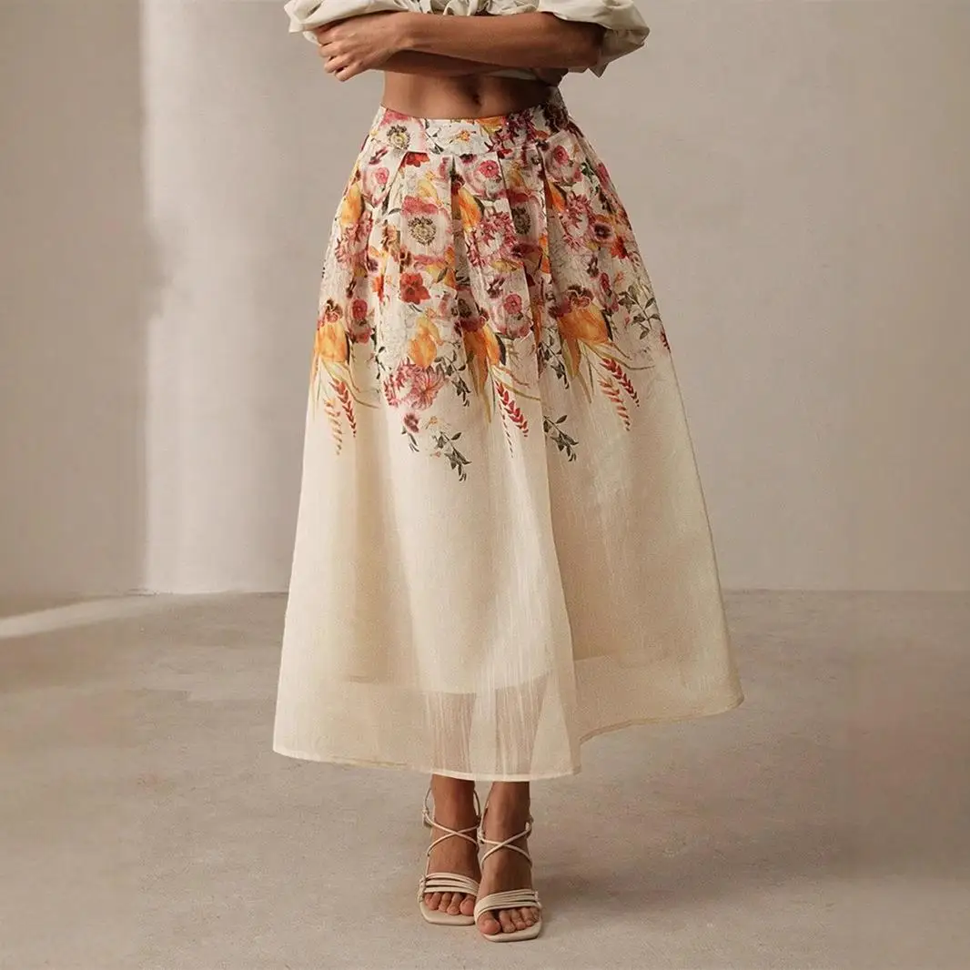 

Ele Bamboo Digital Print Midi Skirt Spring Summer Faion Middle East Women's Clothing f-length Skirts Floral Pattern