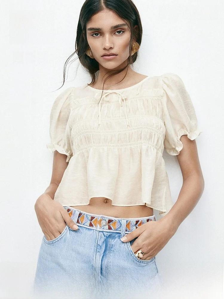 

H&M Women's Shirt Summer New Knot Simple Pleated Romantic Complex Shirt 1316657 Country Style Short Sleeve round Neck Pullover