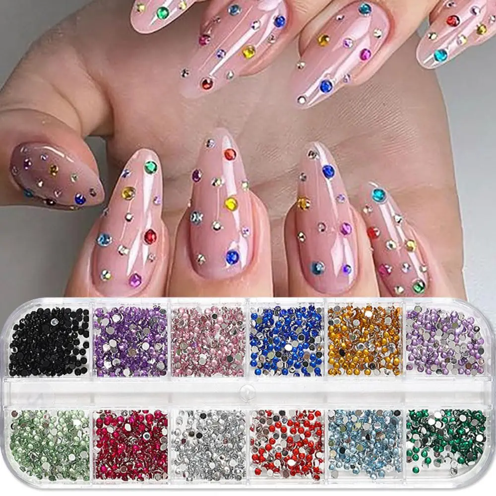 3000pcs 3D Flatback Colorful Nail Rhinestones 12grids Shiny 2mm Mini Nail Gems Jewels Resin Diamonds Nail Art Decorations F8GT%