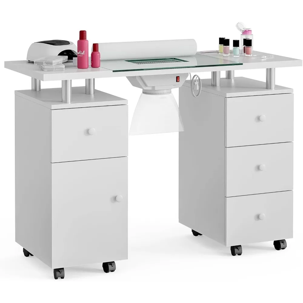 Manicure Table, Glass Top Nail Tech Desk Nail Table Station for Nail Tech w/Electric Downdraft Vent, Wrist Cushion, Lockable