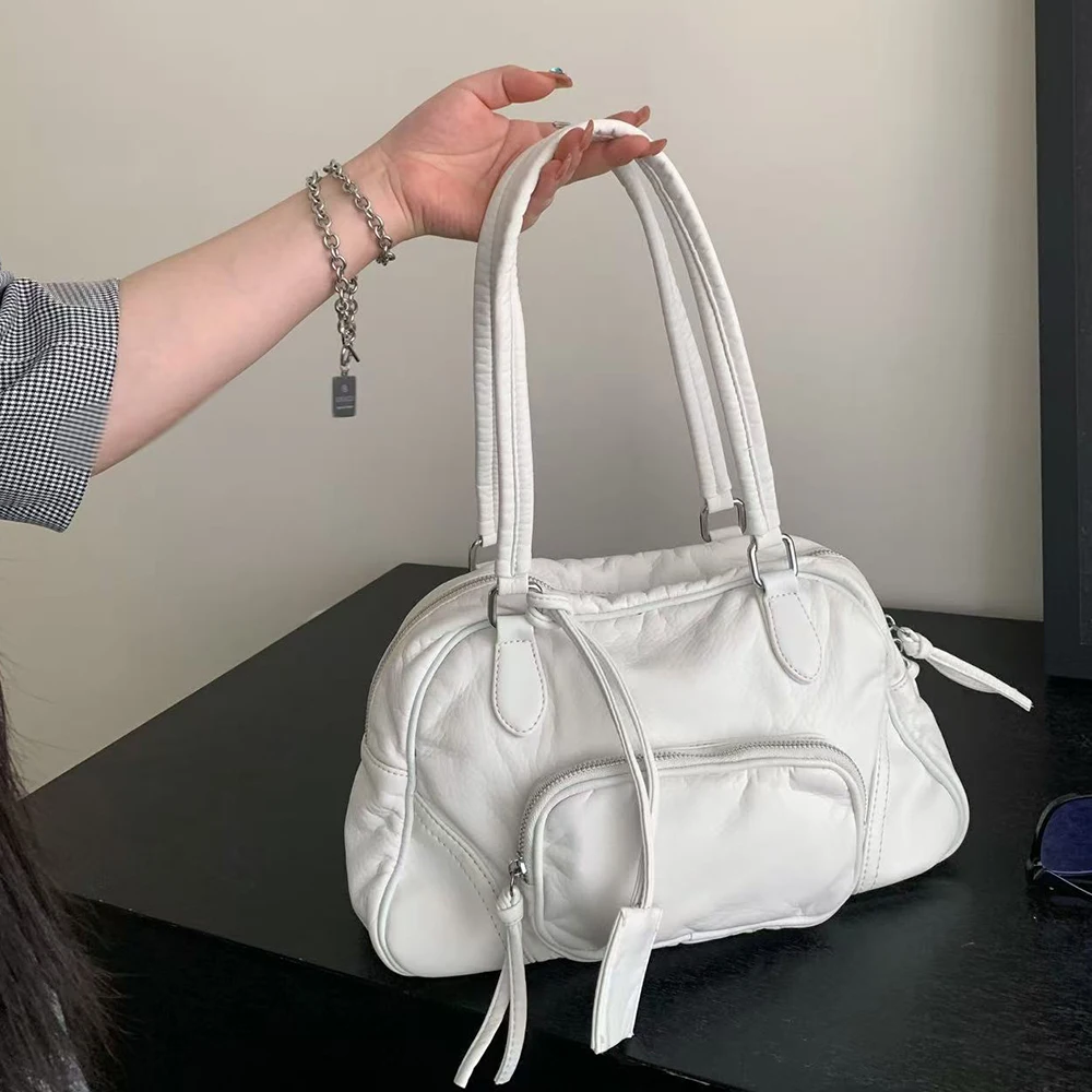 Retro Multiple Pockets Shoulder Bag Soft Ruched Tote Bags for Women Washed PU Leather Handbags High Quality Crossbody Bag NEW