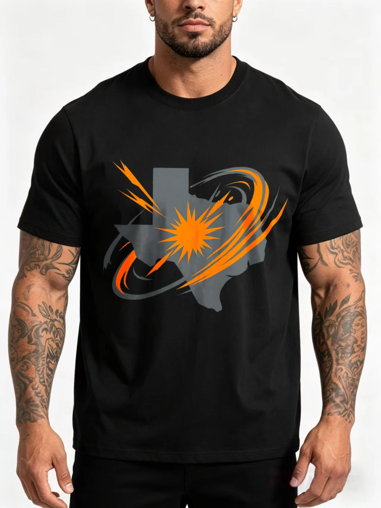 Casual Style Men's T-Shirt, Texas Map Design with Sunburst and Swirl Patterns, Summer Wear, Texas Pride Gift, for Men