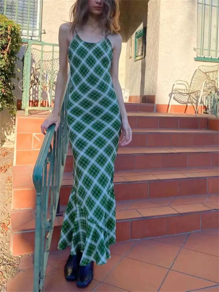 

100% Silk Women Sexy Temperament Fishtail Long Dresses Ladies Vintage Green Plaid Printed Sling Dress 2024 New Summer