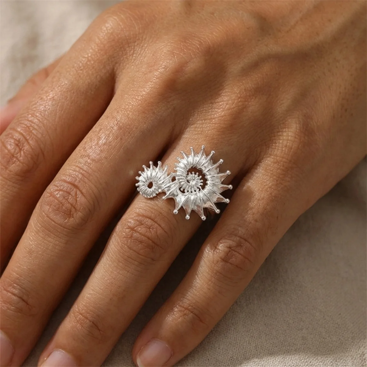 Kreative Vintage Muschel-Öffnungsringe für Damen und Herren, Bohemian Silberfarben, geometrischer Spiral-Fingerring, Sommer, Ozean, Strand, Schmuck – Detail 6