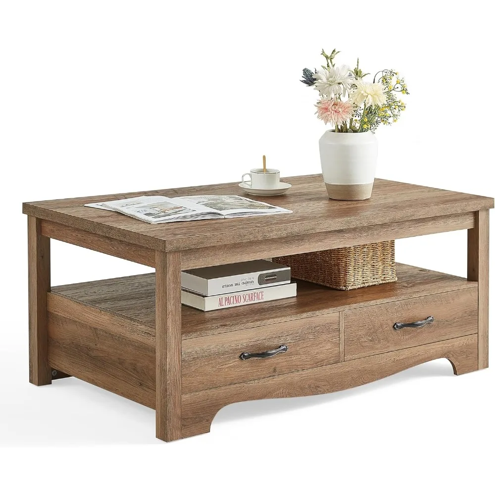 

Farmhouse Coffee Table with Storage, Wood Coffee Table for Living Room, Open Display Area and Storage Drawers with Metal Frame &