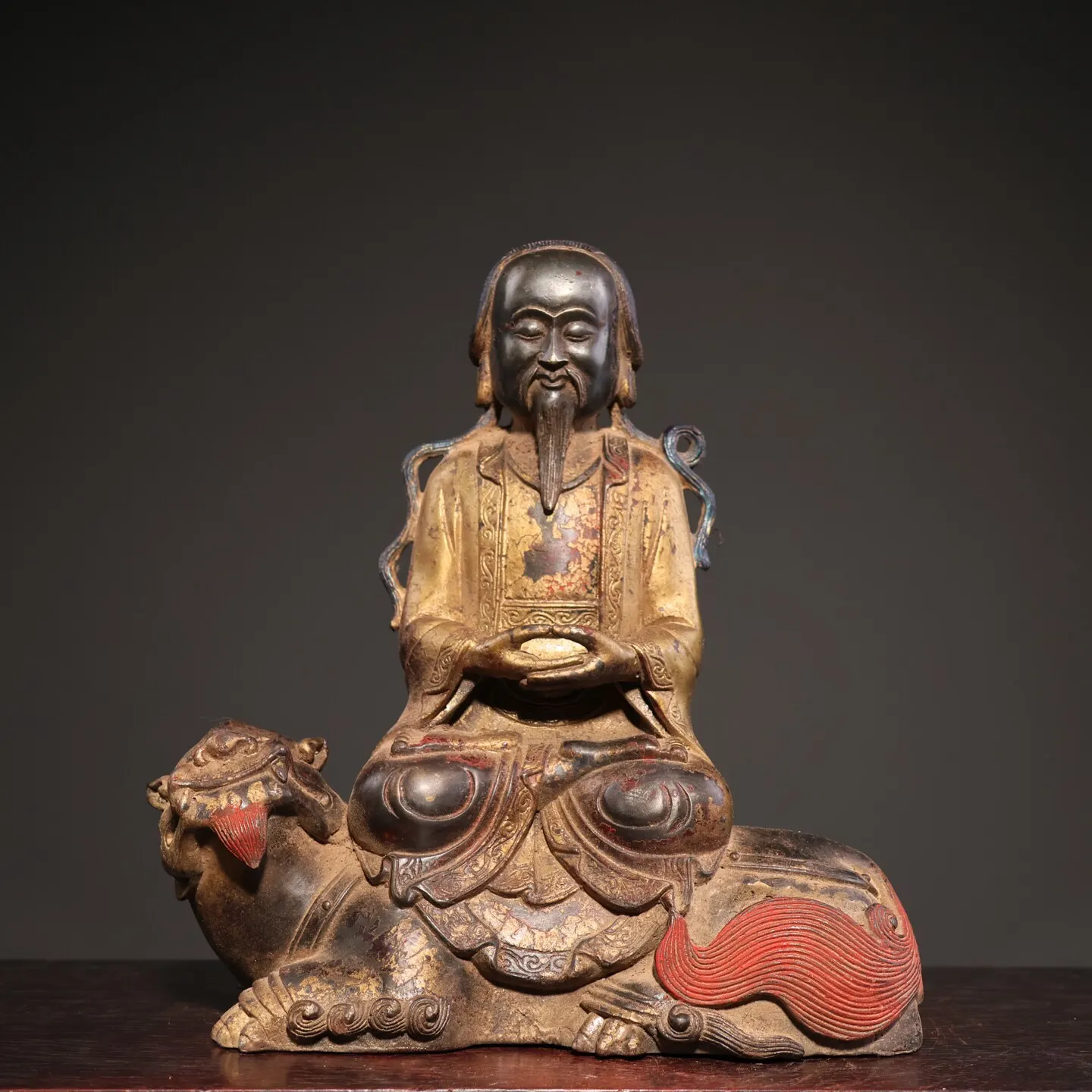 Tibetan brass gilt cinnabar painting antique Taoist ancestor Buddha statue home hall statue offering incense case ornaments 25 c