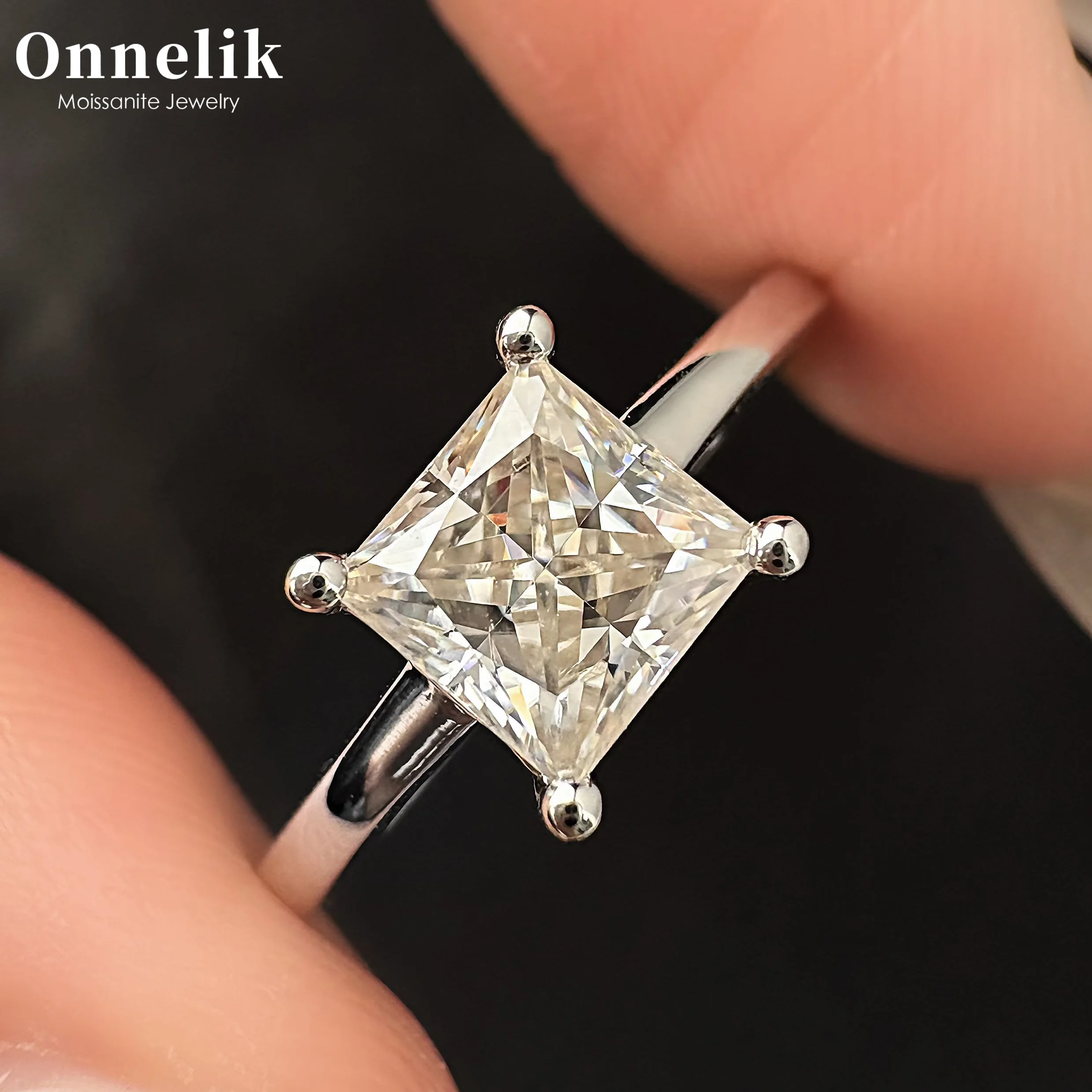 

Onnelik 1/2/3/4 карата D цвет кольцо с муассанитом огранки принцессы S925 стерлингового серебра обручальные кольца для женщин свадебные ювелирные украшения
