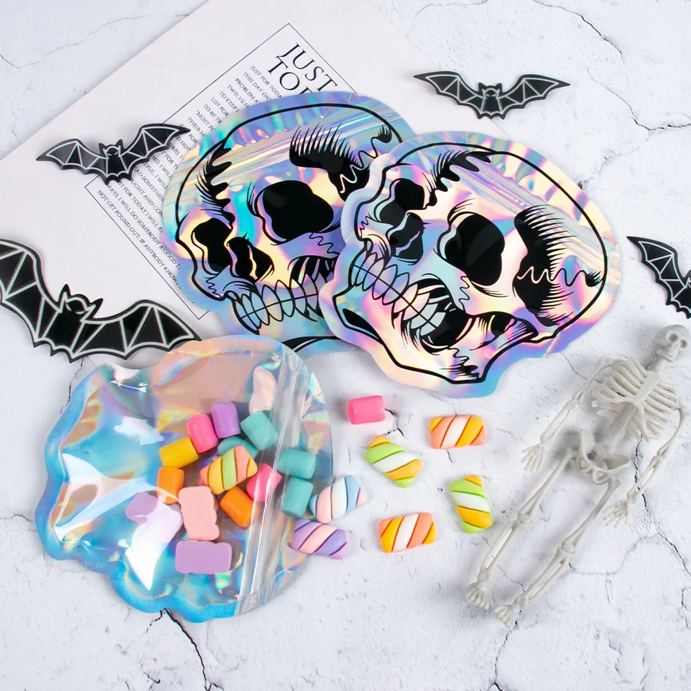 20/100pcs Halloween Skull Candy Packaging Bag Laser Laser Skull Holographic Ziplock Bag Halloween Gift Packaging Bag Party Decor