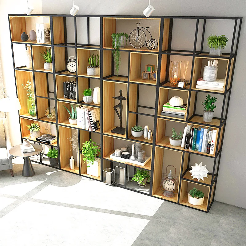 أرفف تقسيم من الحديد المطاوع للمكتب من الأرض إلى السقف، شبكة من الخشب الصلب متعددة الطبقات #3