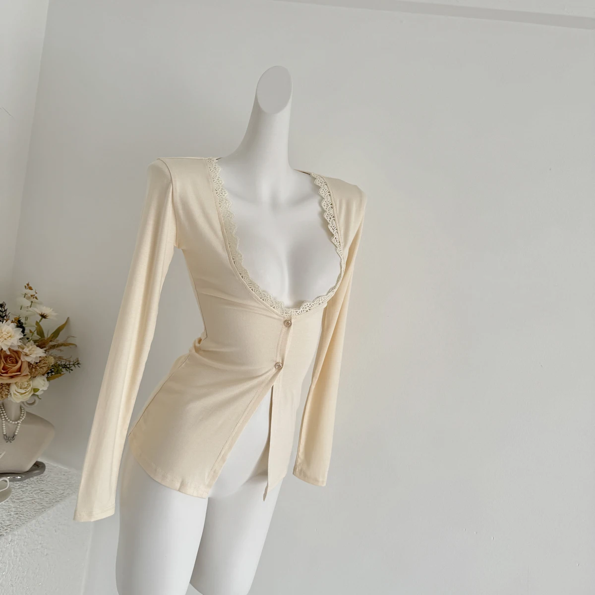 

Кружевной топ, удобный утягивающий открытый кардиган, красивый женский модный платье на пуговицах, однотонный, очаровательный, для свидания