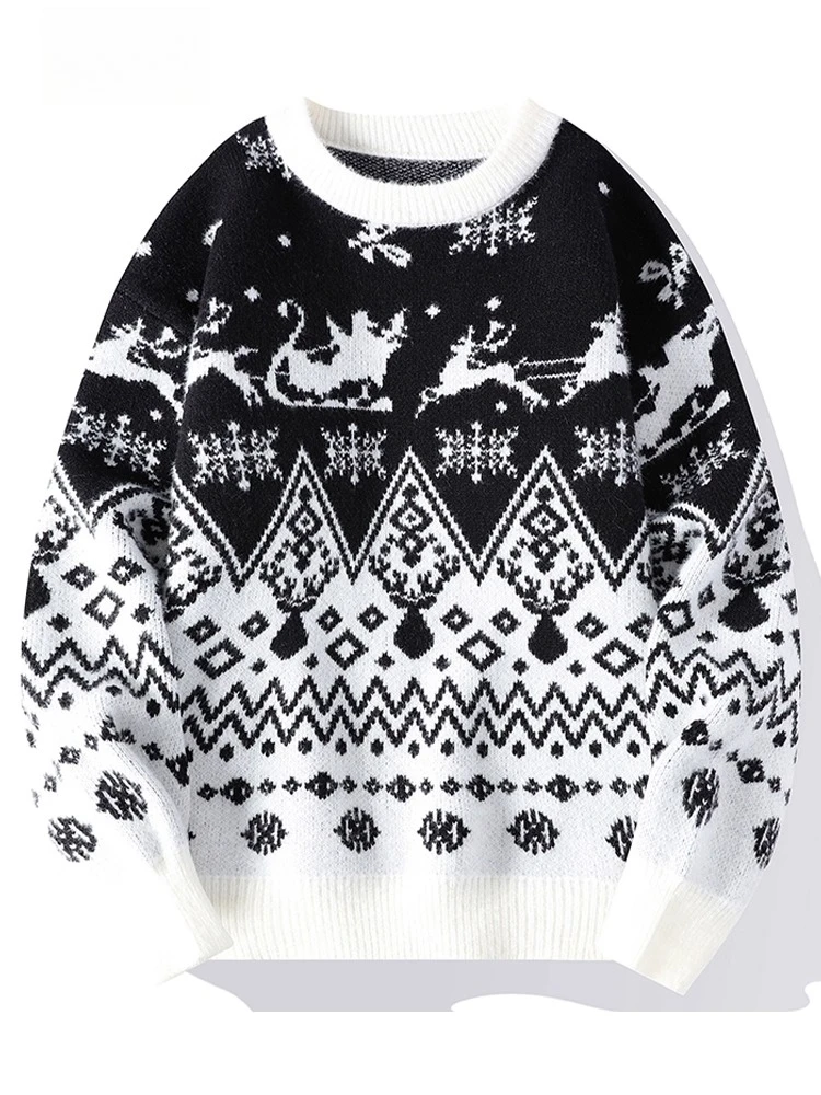 2025 Autumn Winter New Men's Warm Christmas Red Knit Sweater Black Blue Round Neck Long Sleeve Loose Casual Sweater