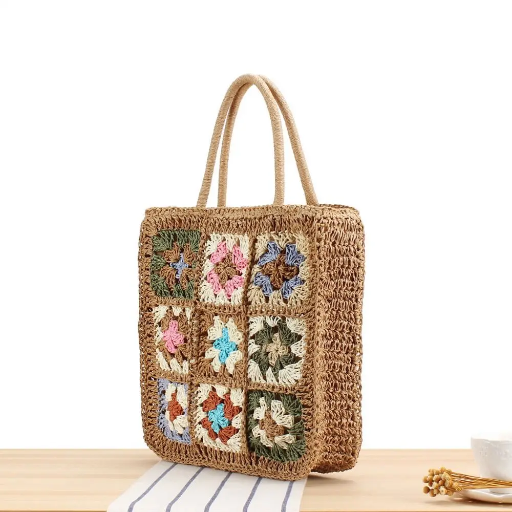 

Большая вместительная богемная сумка ручной вязки, плетеная соломенная сумка ручной работы, вязаная крючком цветок через плечо