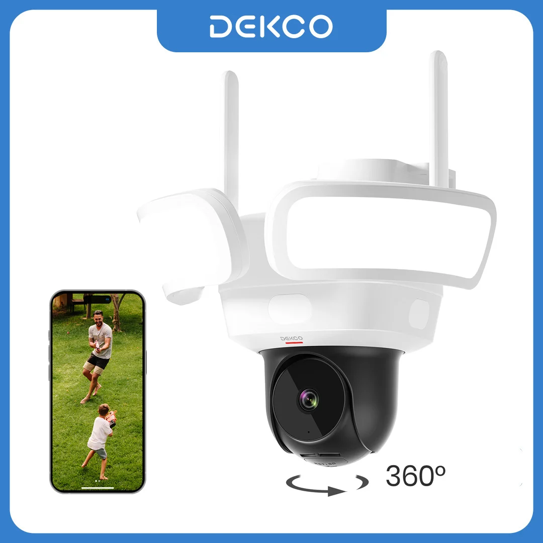 Dekco 3K UHD WiFi Projecteur Caméra Extérieure 360 °   Vue couleur Vision nocturne Caméra de sécurité sans fil Détection PIR Audio bidirectionnel