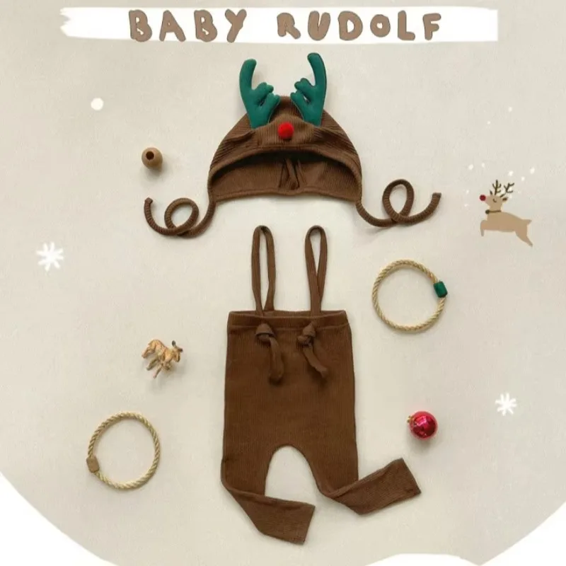 Christmas Baby Overalls Pants Holiday Children\'s Jumpsuit Bodysuit Cotton Cartoon Deer Hat Christmas Costumes Elastic Soft Pants