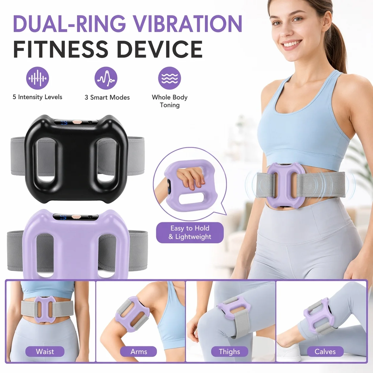 Fascia Massager with 3 Modes and 5 Intensity Levels, Dual Ring Vibrating Body Massager with Strap for Handheld Hands Free Use