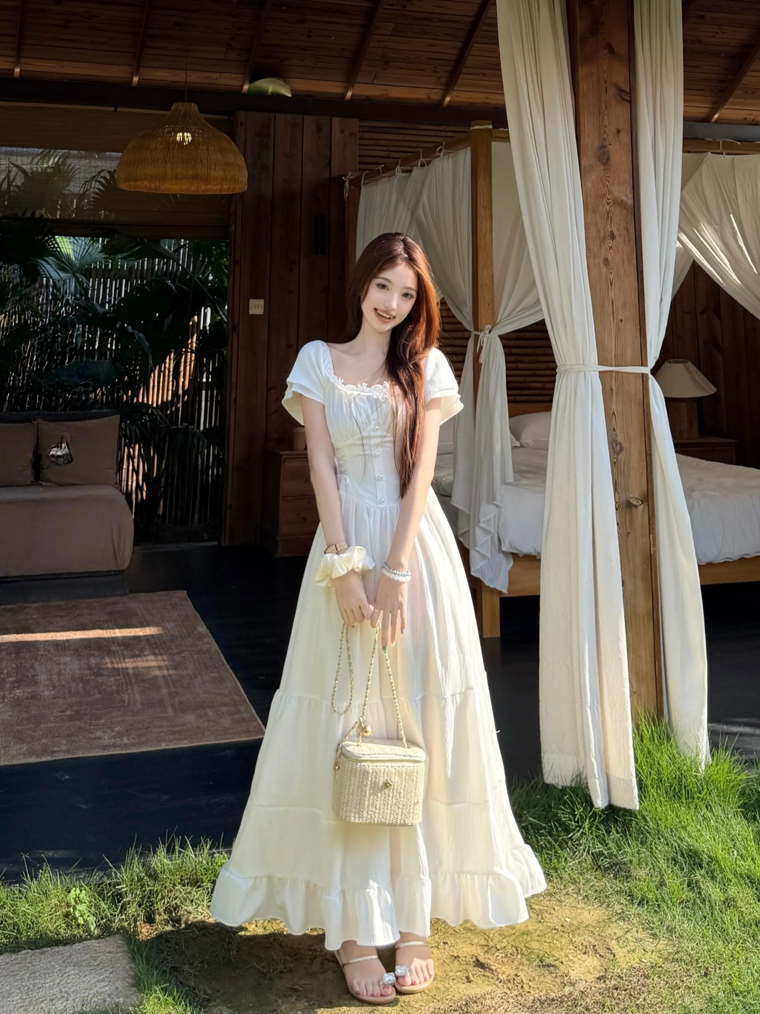 

Sweet Style plus Size Women's Dress Square Collar A-Line Long Dress Short Sleeve Slimming Design High Waist Commute Style Kor...