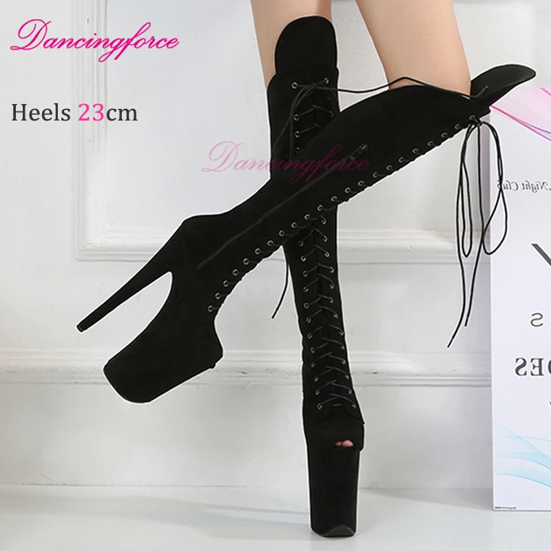 New 9Inches 23cm Super High Stripper Platforms Knee High Boots Nightclub Gothic Suede High Heels Pole Dance Shoes Woman Lace-up