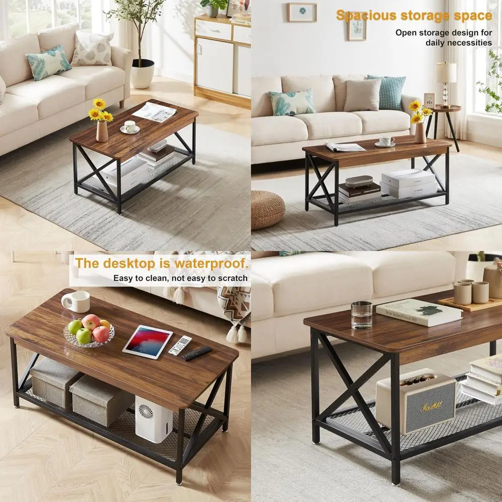 

Industrial Style 2-Tier X-Frame Coffee Table, 39 Brown, Living/Office Storage