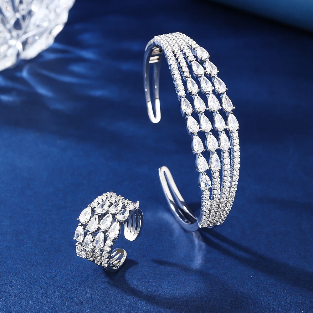 018981Trendy Bangle Set for Women Cubic Zircon Bracelet Ring Dubai Charm Bridal Jewelry Accessories Wedding Engagement