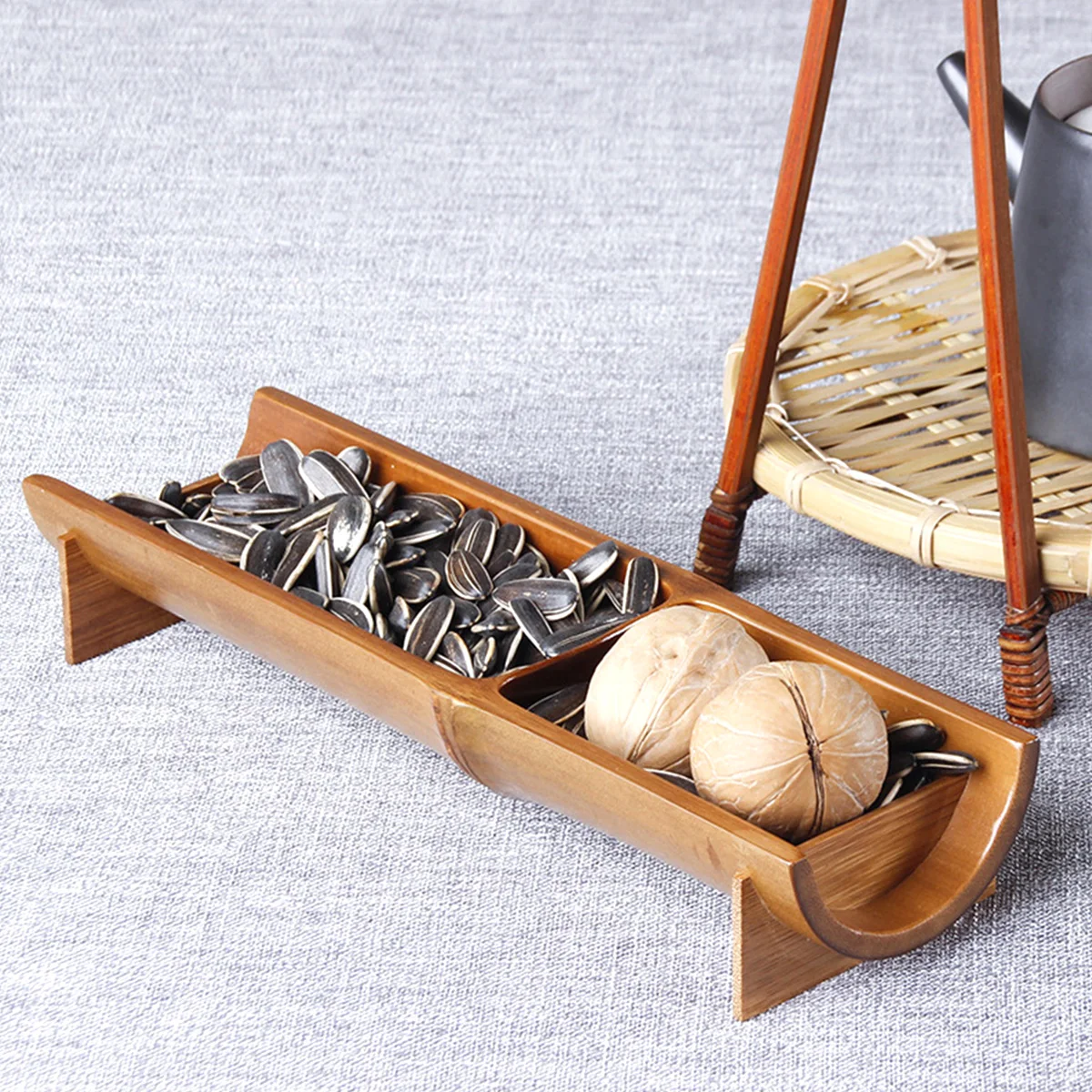

Dried Fruit Plate Bamboo Tray 2 Compartments Nut Storage Candy Holder Food Tray Japanese Style Home Party Snack Display