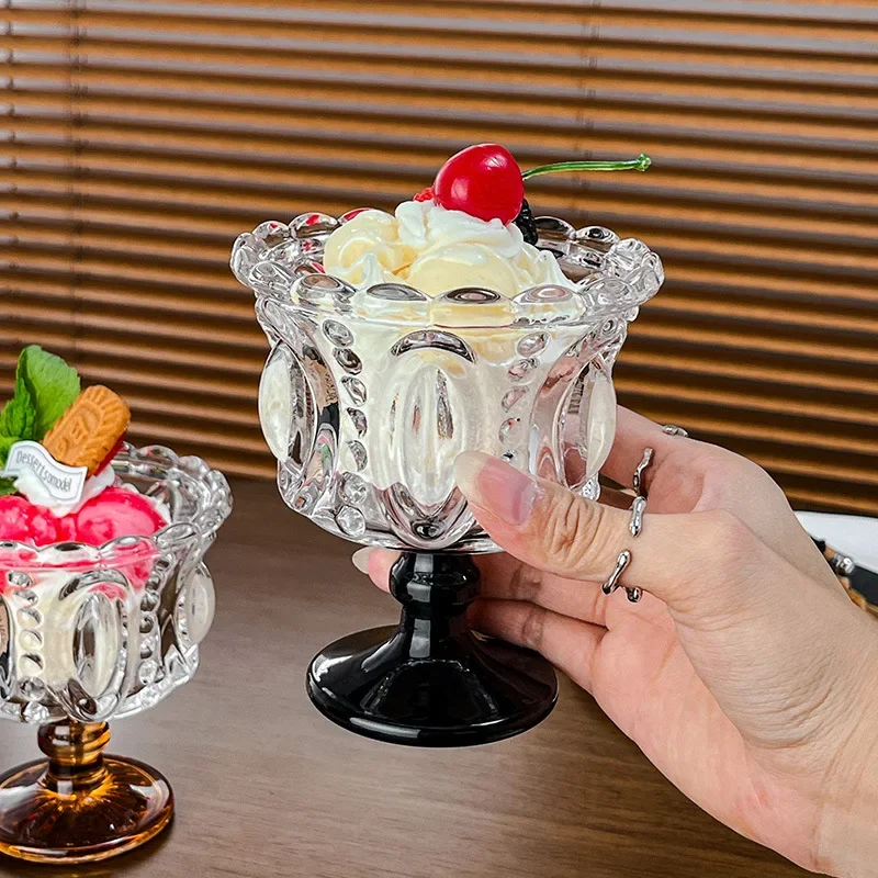 

Vintage Relief Glass Cup Ice Cream Dessert Cup Yogurt Pudding Cup Drinking Glasses m