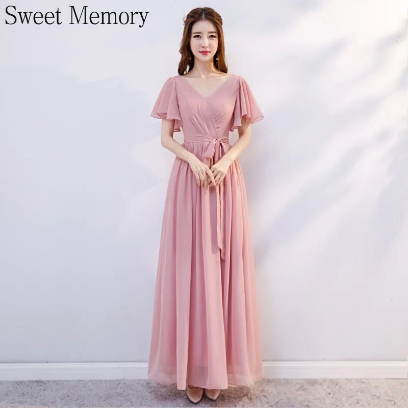 J185 Rosa Chiffon Brautjungfer Kleider Lange Vestido Mädchen Robe A-Line Lace Up Prom Kleider Sommer Elegante Frauen Hochzeit Party Kleid