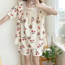 Korean Sweet Cute Y2k Women's 2Ps/set Pajamas Cartoon Print Short Female Sleepwear 2024 New Summer Cotton and Linen Housewear