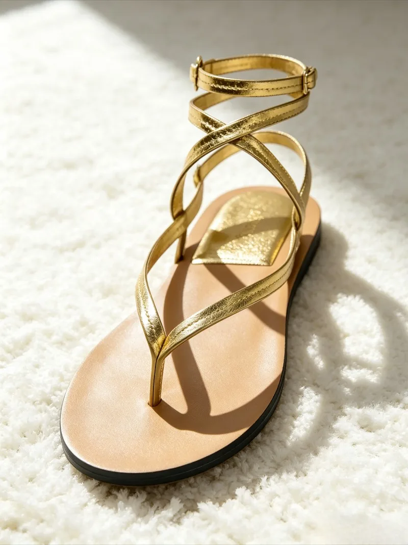 Sexy Gold Ankle Strap Buckle Flat Sandals Women Fashion Cross Tied Designer Shoes Comfortable Lightweight Non-slip Beach Shoes