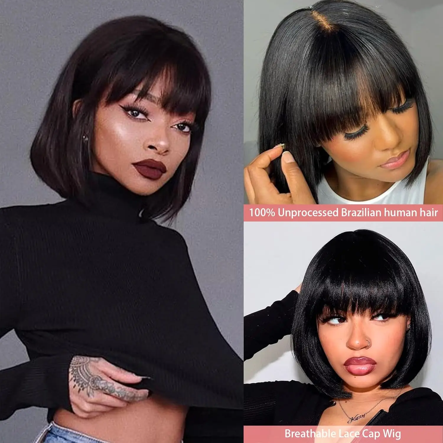 Realista Yaki Straight Bob com Franja, Minimalista 3x1 Lace Wig, Destaque Marrom Preto, Coloque e Vá, 100% Cabelo Humano