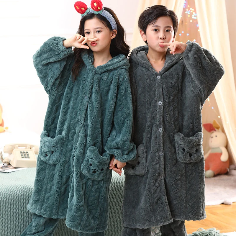

Winter Children Flannel Pyjamas Solid Hooded Sleepwear for Big Kids Cartoon Bear Thicken Warm Bathrobe Blackish Green Homewear