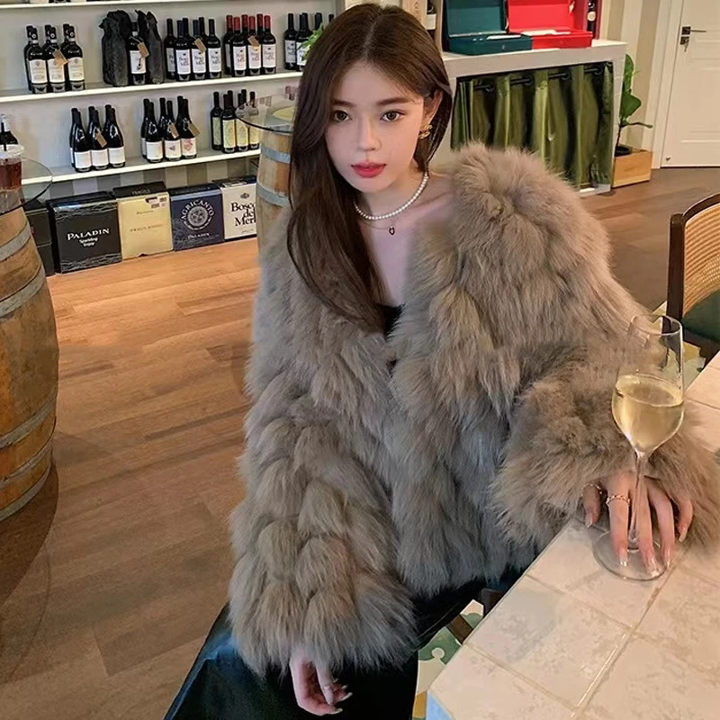 FIGOHR women 2024 Autumn Winter New Luxury Fox Fur Coat Women's V-Neck Natural Fox Fur Jackets