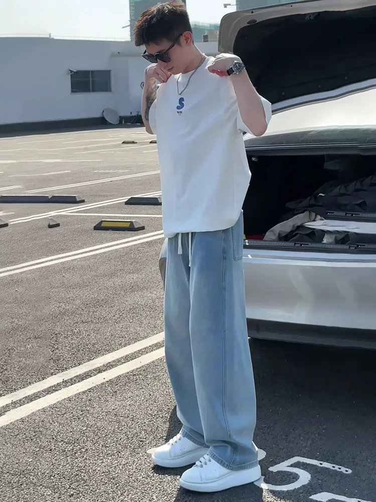Celana Jeans Sutra Es Ry Pria Biru Muda Celana Kaki Lebar Lurus Longgar Sle Amerika Tipis Musim Panas Remaja Nyaman Bernapas...