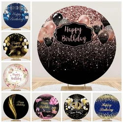 Tableclothsfactory Happy Birthday Round Backdrop Cover White Gold Glitter Balloon Circle Photography Background Banner Sign