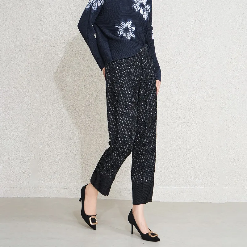 Miyake Fashion Pleat Women Calf Pants High Waist Loose Thin Straight Nine-minute Pants Simple Elastic Commuter Women's Clothing
