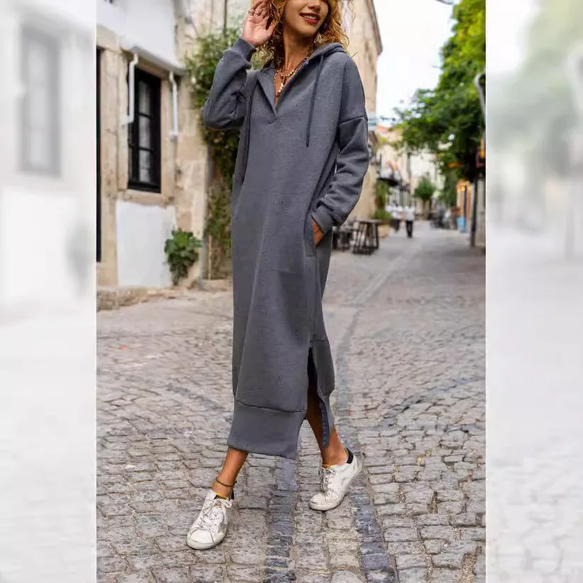 2025 Women Hoodies Dresses Long Sleeve Hooded Knitted Sweatshirts Dress Solid High Street Loose Vestidos Draw String Autumn