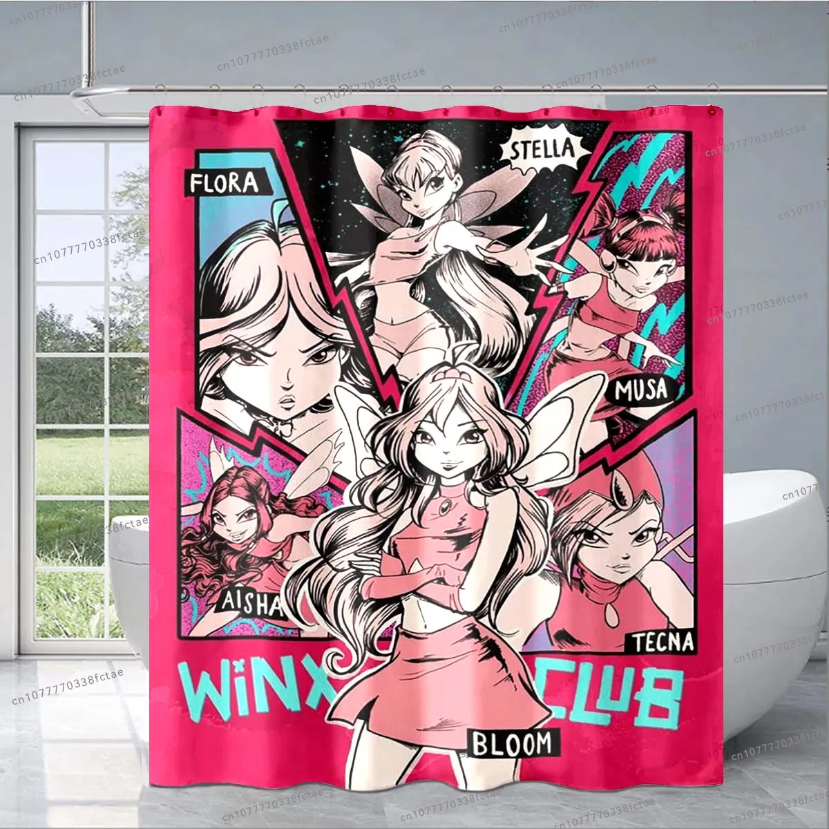 ม่านอาบน้ำอะนิเมะ Winx สีชมพูลายภาพยนตร์อนิเมะแบบคลาสสิกม่านห้องน้ำรูปการ์ตูนสำหรับเด็กตกแต่งแฟชั่นของขวัญสำหรับเด็ก