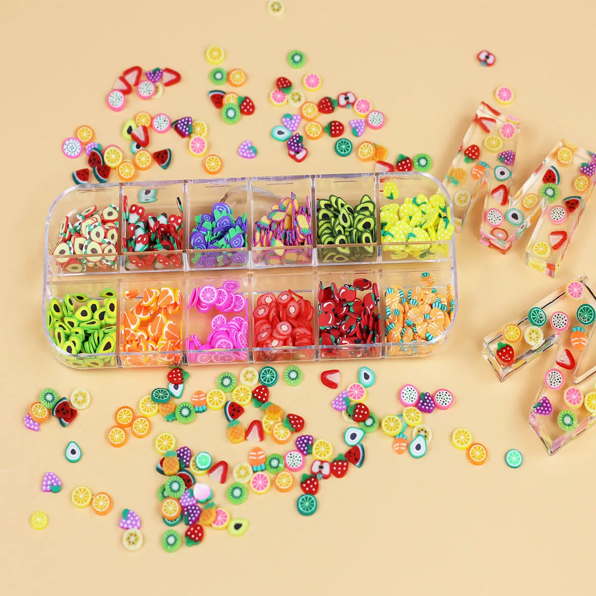 12Grids 3D Cartoon Fruit Slices Nail Art Decorations Soft Clay Watermelon,Strawberry,Lemon Slice Nail Charms Manicure Accesories