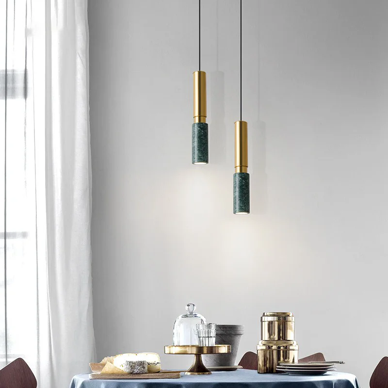 modern style Long tube marble hanging modern ceiling chandelier lamps golden iron led suspension dining table pendant light