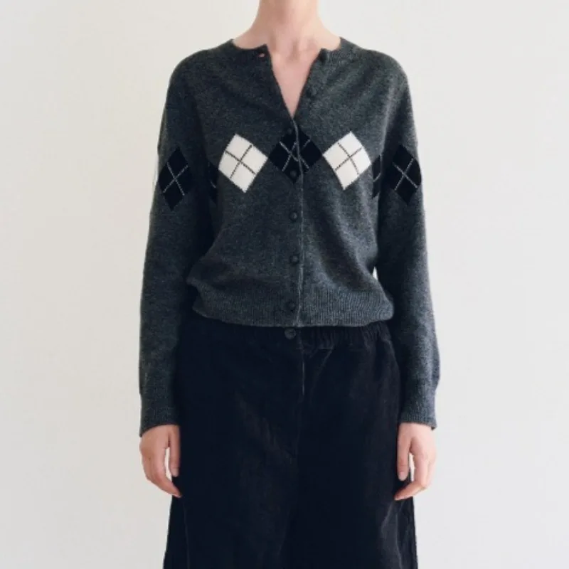 

Sweater Women's Retro Versatile Slim Fit Diamond Patterned Cardigan Korean Niche Small Jacket for Autumn and Winter