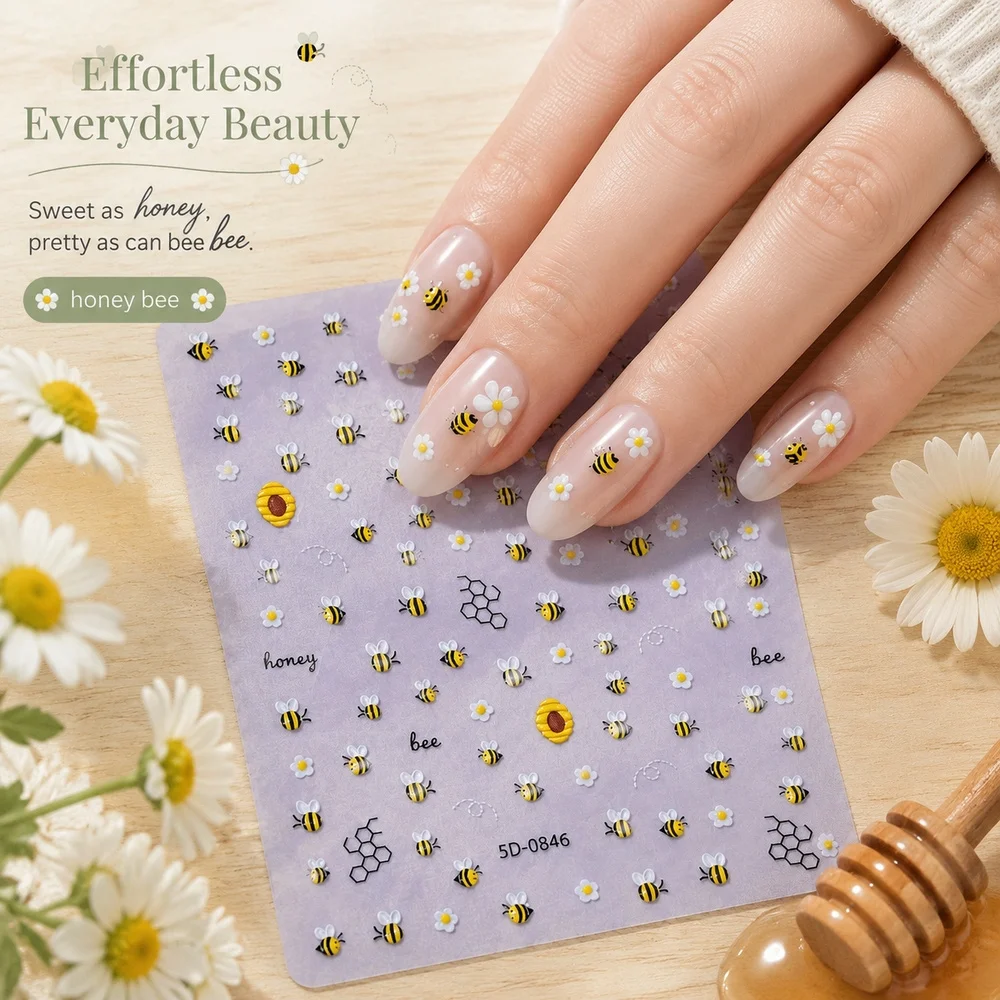 1Pc Sweet Nature Bee 5D Nail Stickers Embossed Daisy Flower Honeycomb Ornaments DIY Home Gel Nail Polish Decoration Supplies