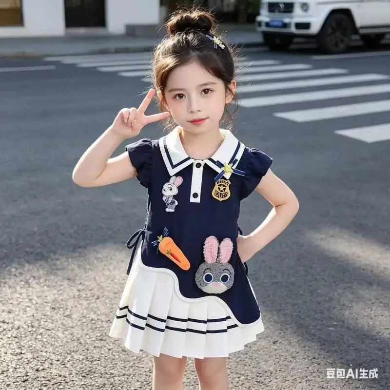 

Girl Summer Judy Hopps Dress 2026 Disney New Fashion Navy Collar Vest Skirt Breathable Comfortable Cute Bunny Cop Pleated Skirt