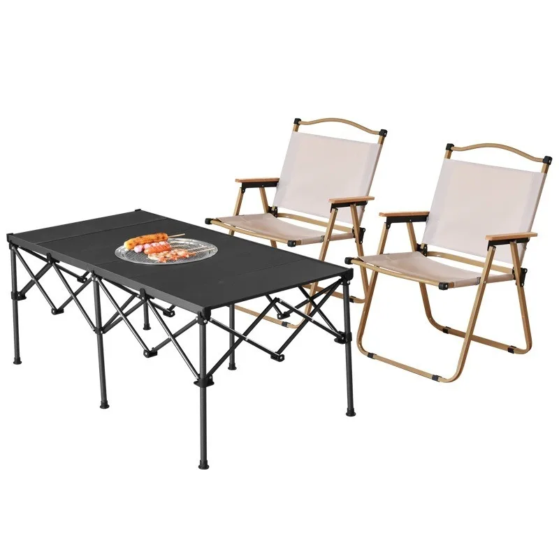 Six-legged folding barbecue table with oven hole grill mesh outdoor camping picnic table portable folding multi-function table