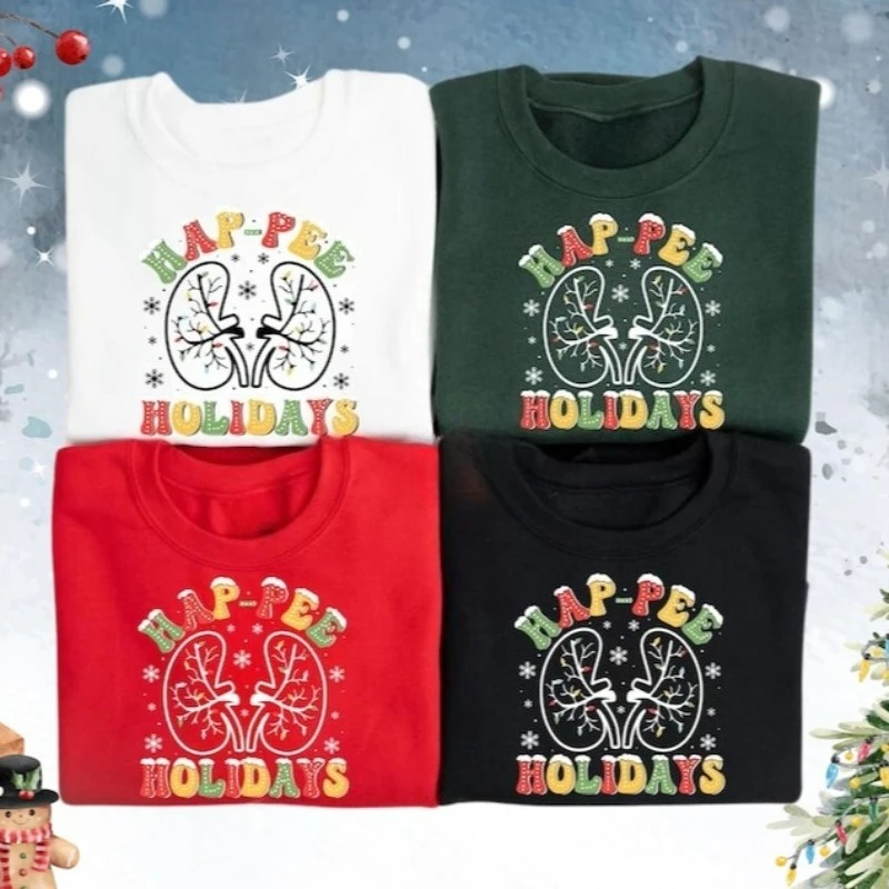 เสื้อสเวตเชิ้ต Hap-pee Holidays ลายไต ไฟคริสต์มาส เสื้อคริสต์มาสสำหรับพยาบาลไต เสื้อของขวัญพยาบาล เสื้อฮู้ดดี้สำหรับช่างไตในวันคริสต์มาส