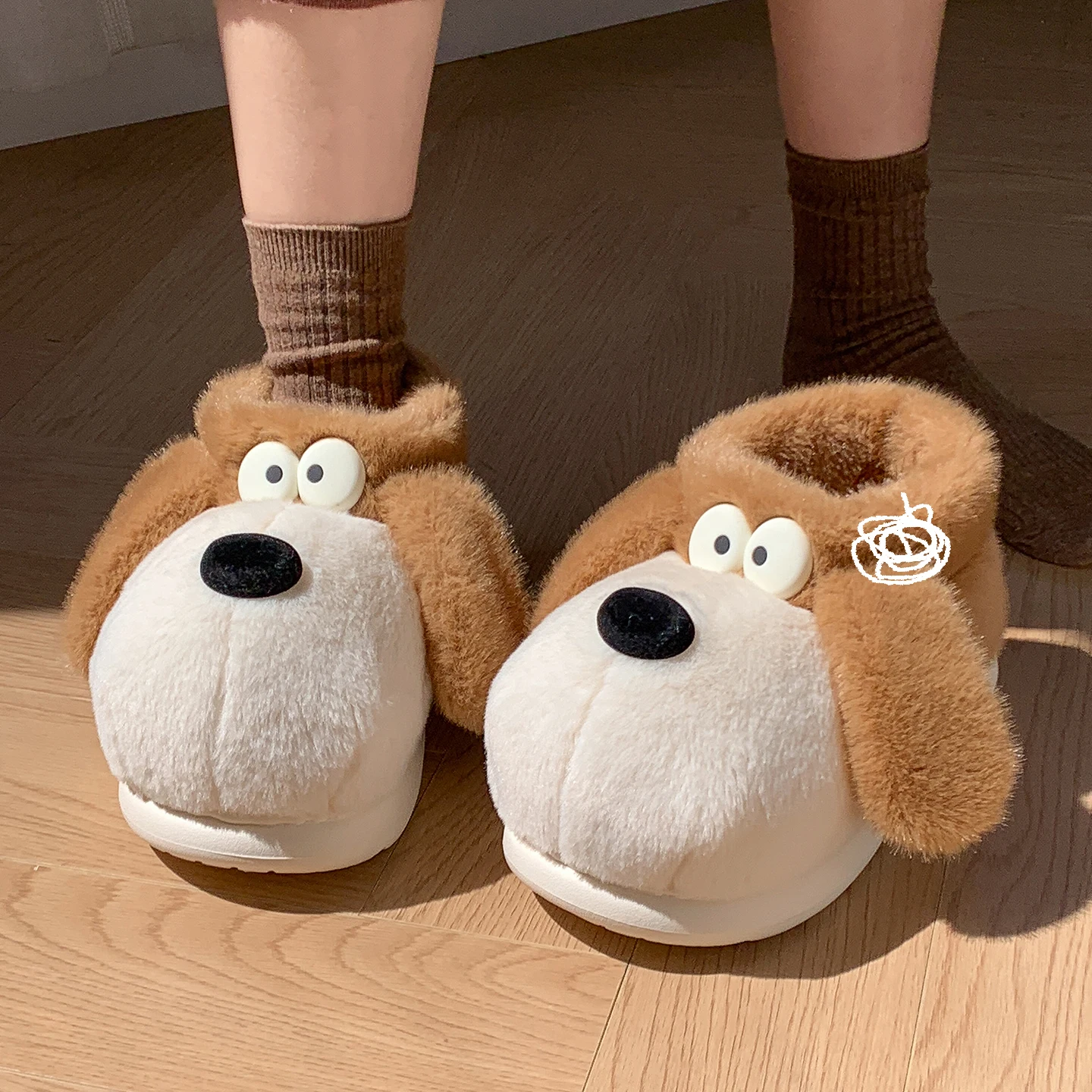 Koreanischer Stil, niedliche Welpen-Hausschuhe aus Plüsch, Damen, Winter, warm, mit weicher Sohle, für drinnen, flauschig, rutschfest, Hausschuhe. – Detail 17