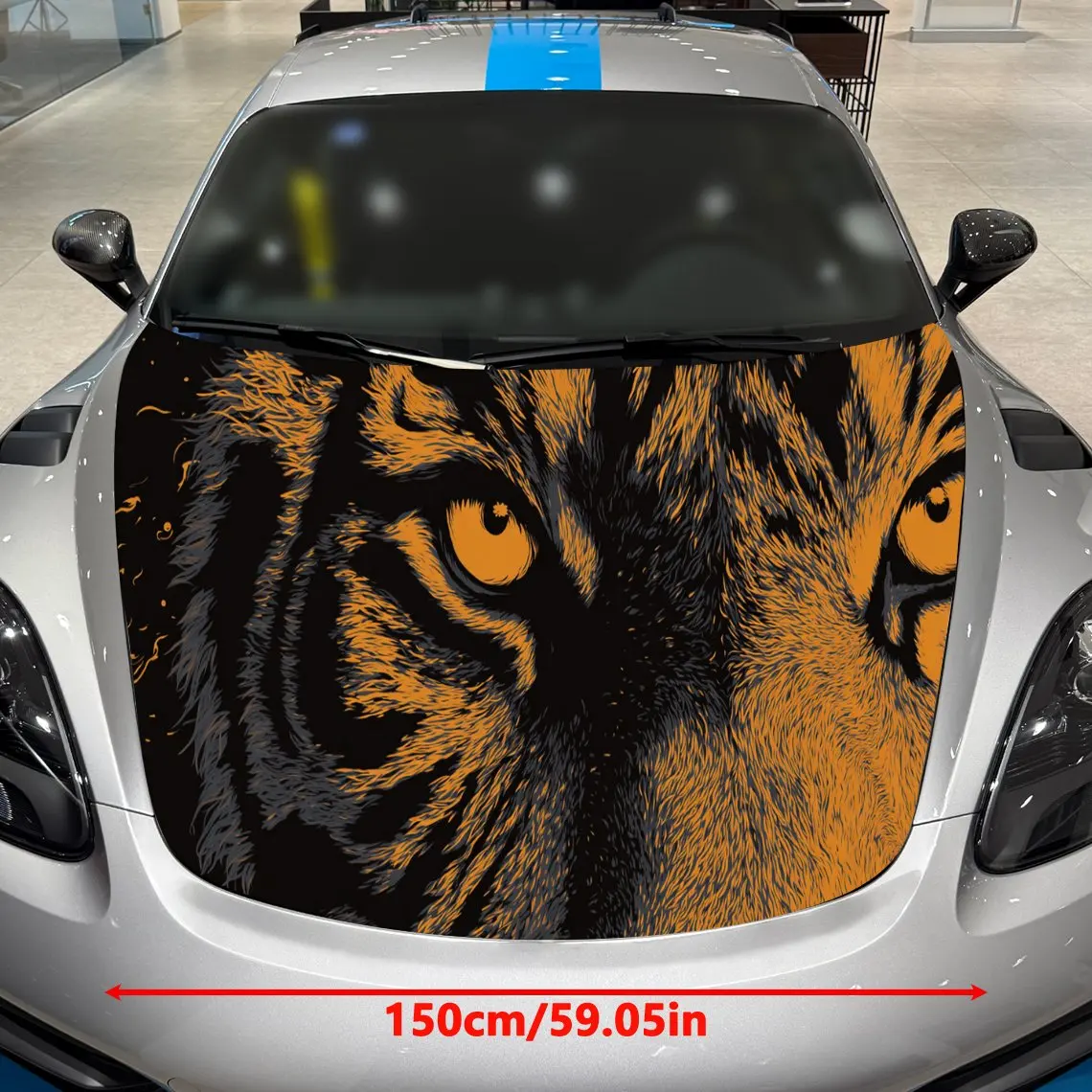 Car Decal Tiger in Orange & Black Textured Background & Artistic, Piercing-Powerful Visual Details Car Hood Sticker, Waterproof