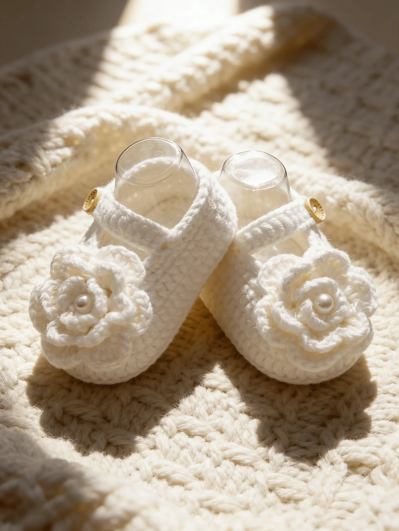 1 Pair Handmade Crochet Baby Booties, White, Floral Accent with Pearl, Button Strap, Newborn Infant Shoes