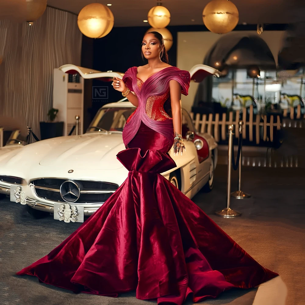 

Velvet Mermaid Evening Prom Dress Aso Ebi African Burgundy Wedding Party Gowns Off Shoulder Formal Occasion Dress Customized