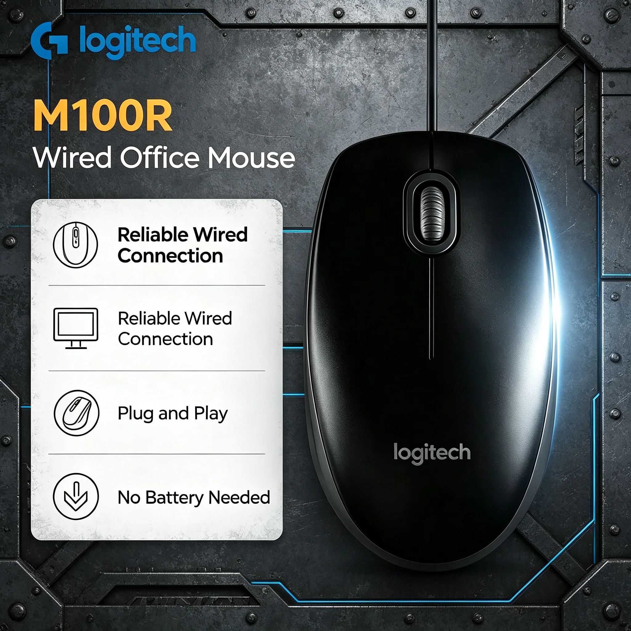 Logitech M100R USB Wired Optical Mouse Reliable Office Mice for Windows Mac Laptop