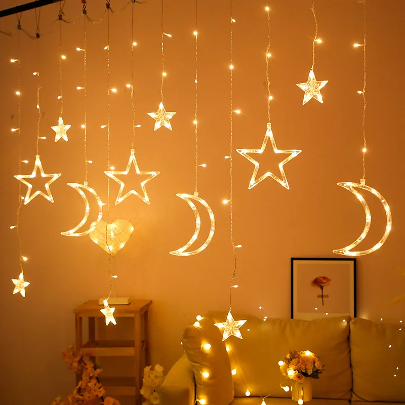 

350MM LED Moon Star Curtain Light Fairy String Lights Christmas Garland Home Outdoor Garden Holiday Party Wedding Decoration